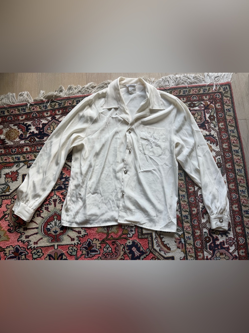 Lisa International White Embroidered Pocket Button-Up Blouse